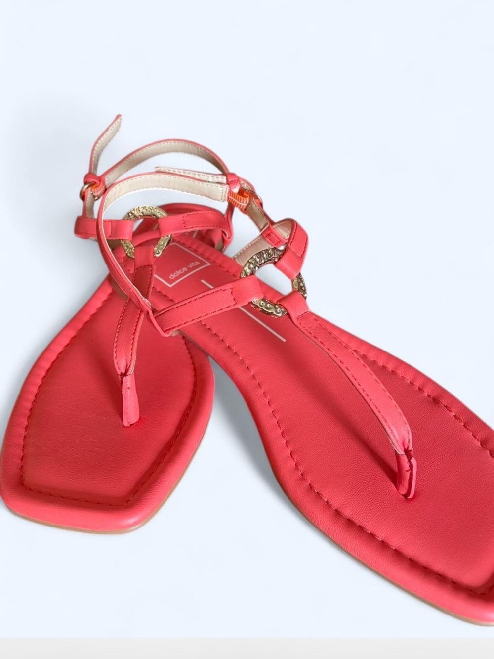 Dolce Vita Coral Pink T-Strap Sandals with Gold Accents